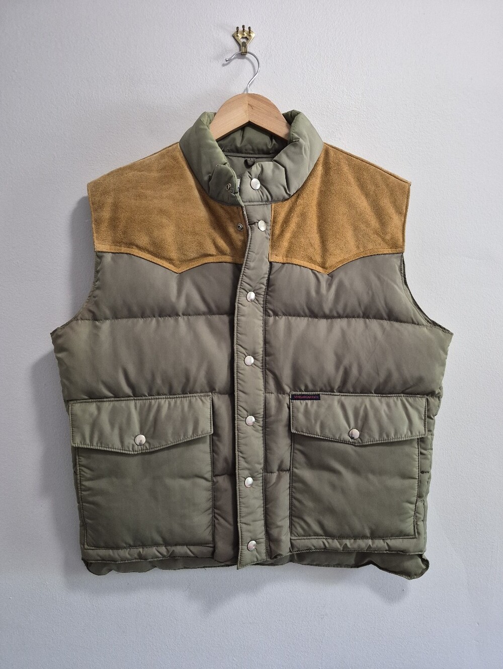 Windbreaker Leather and Goose Down Vintage Olive Puffer Vest Size Large